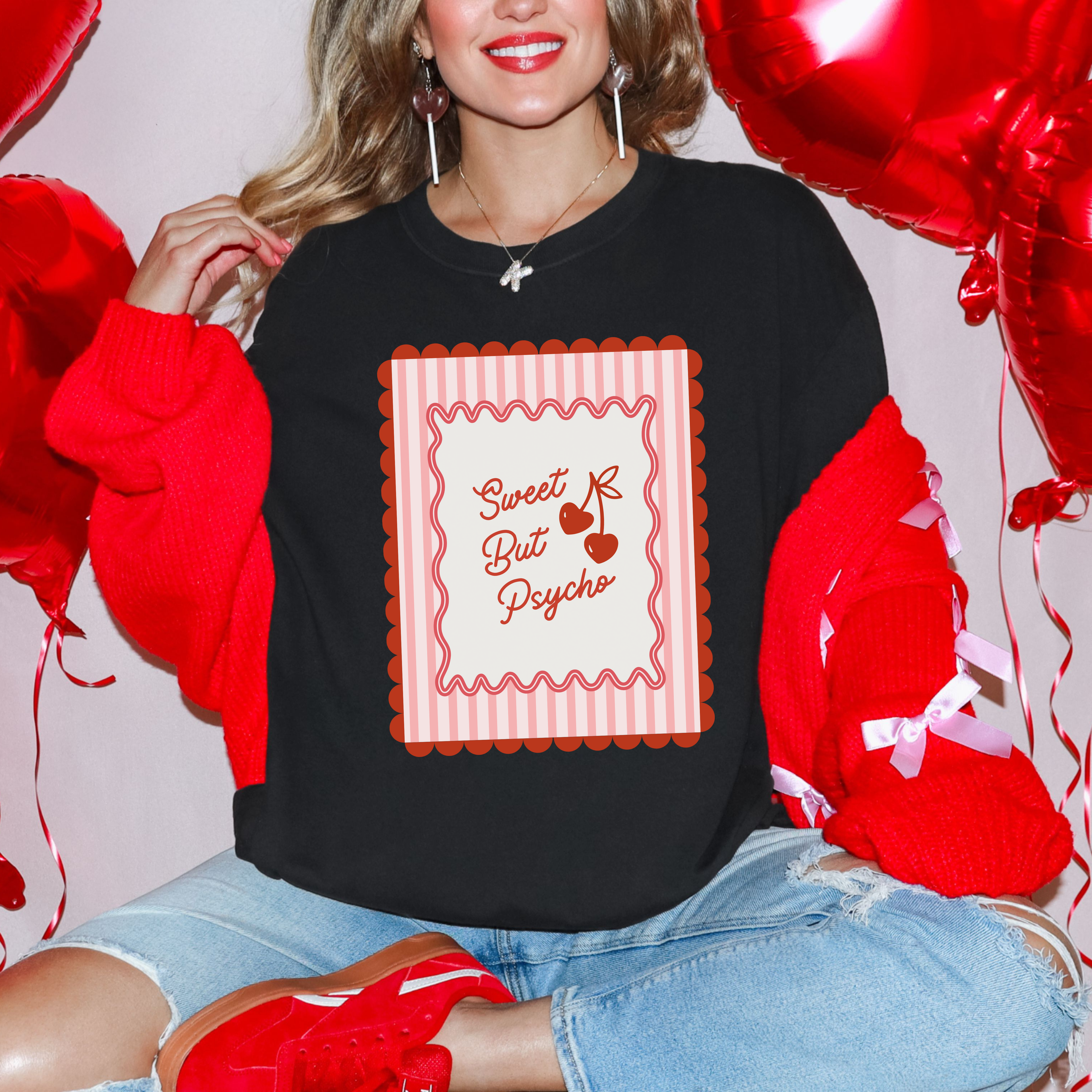 Sweet but Psycho Valentine's Day Tee, Funny shirt, Trendy shirt with Scallops and Stripes